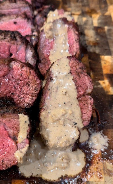 Reverse Seared Beef Tenderloin with Creamy Peppercorn Sauce